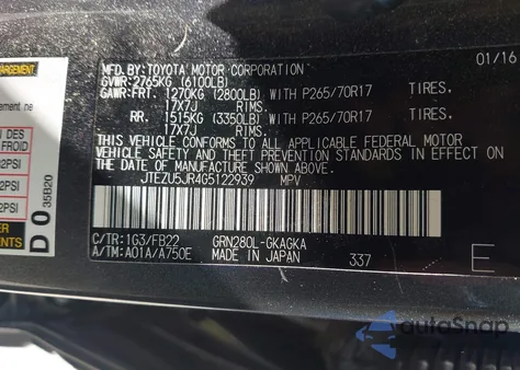 2016 Toyota 4Runner Sr5 z USA, uszkodzony, nr VIN JTEZU5JR4G5122939